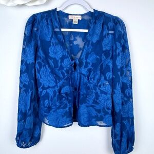 B-O-G COLLECTIVE Bright Blue Floral Semi Sheer Ruffles Top / Size Small